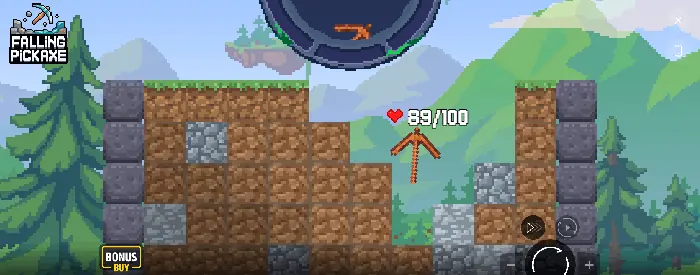Gameplay von Falling Pickaxe mit fallender Spitzhacke und Blöcken